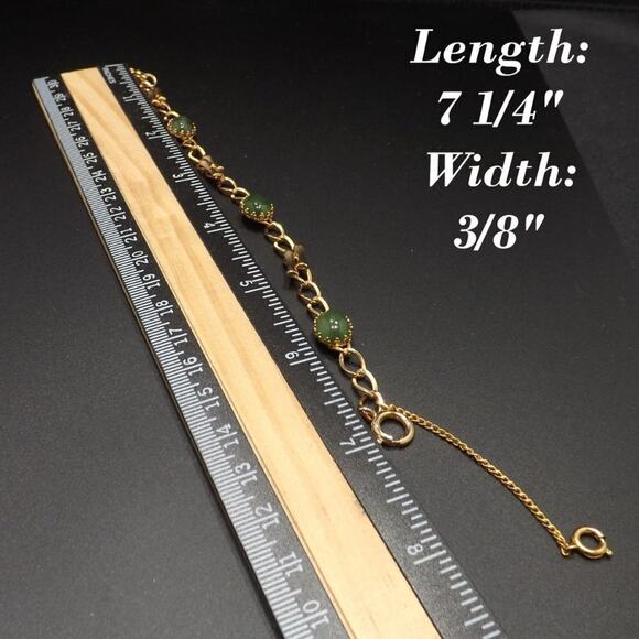 Vintage Asian Inspired Green Gemstone Gold Tone Bamboo Bracelet, 7 1/2 Inches - Picture 9 of 9